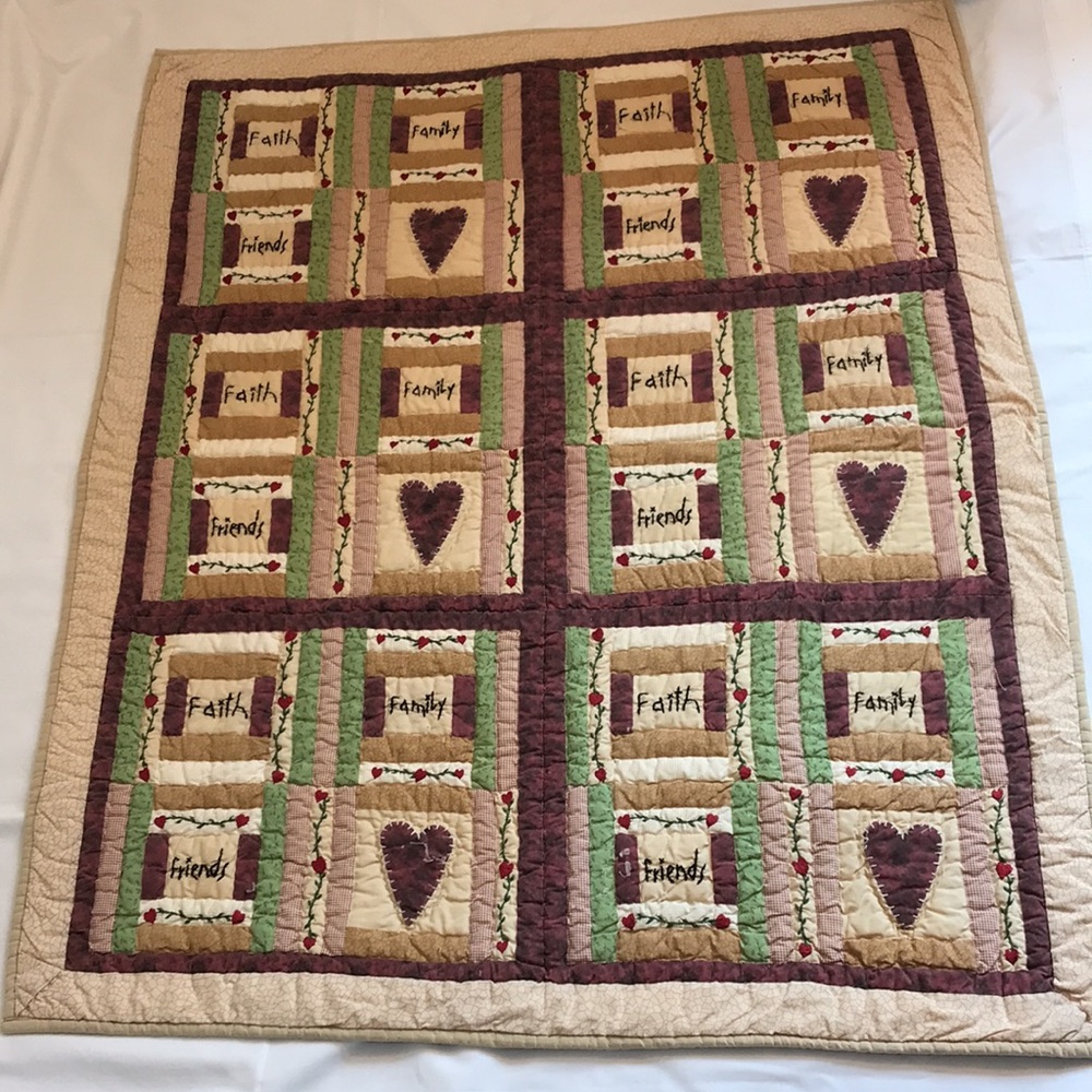 Vintage Faith Family Friends Love Hand Quilted Wall Hanging with Embroidery